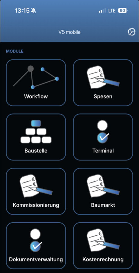 Modulübersicht in BDS V5 mobile mit Workflow, Baustelle und Terminal